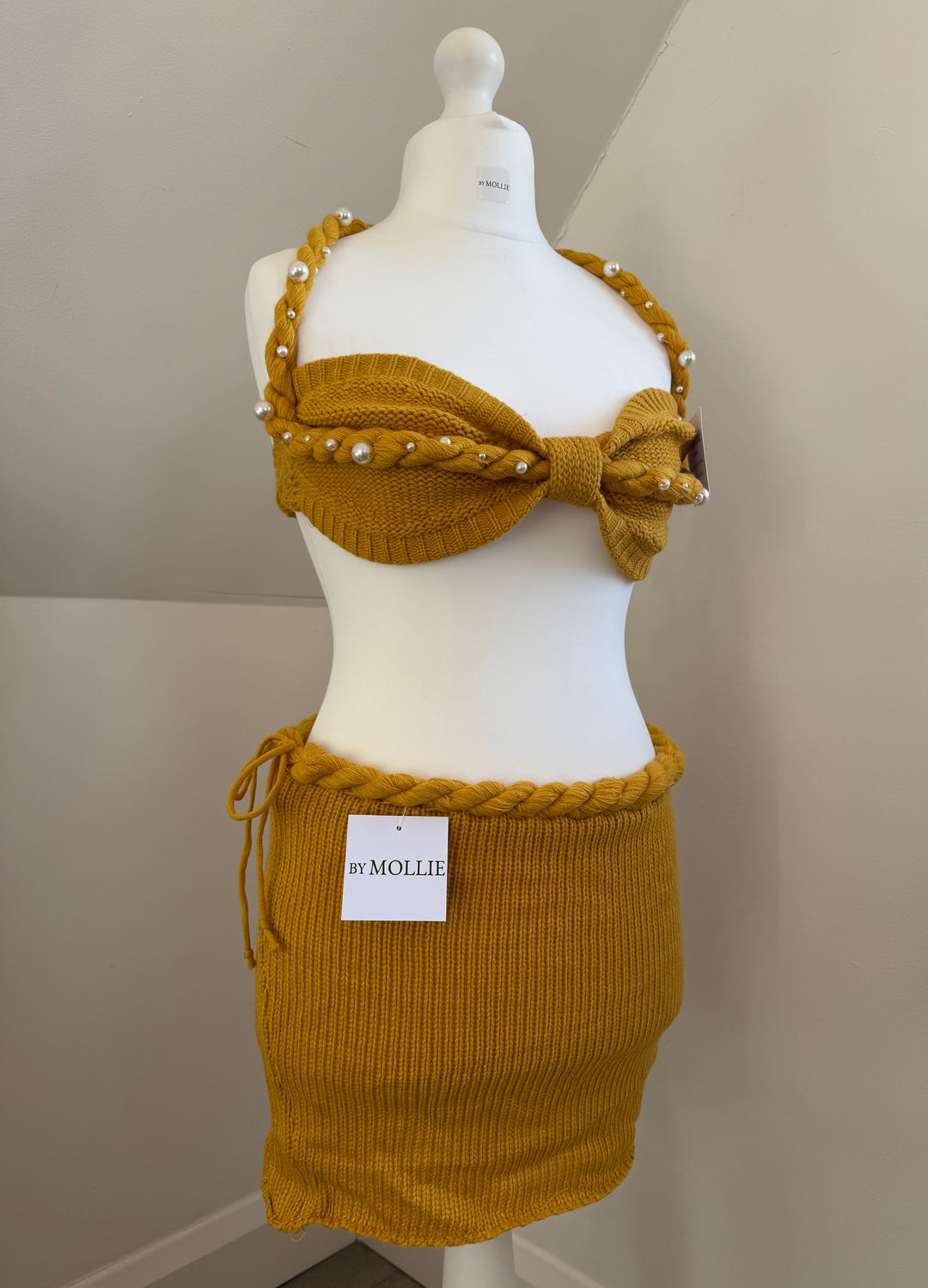 Elara | Pearl-Trimmed Knit Mini Skirt Set