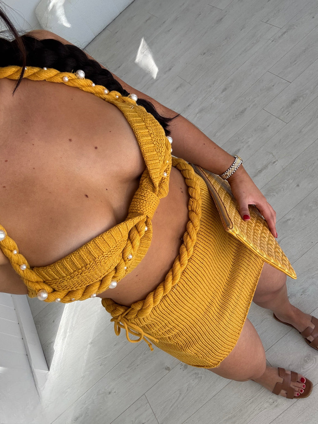 Elara | Pearl-Trimmed Knit Mini Skirt Set