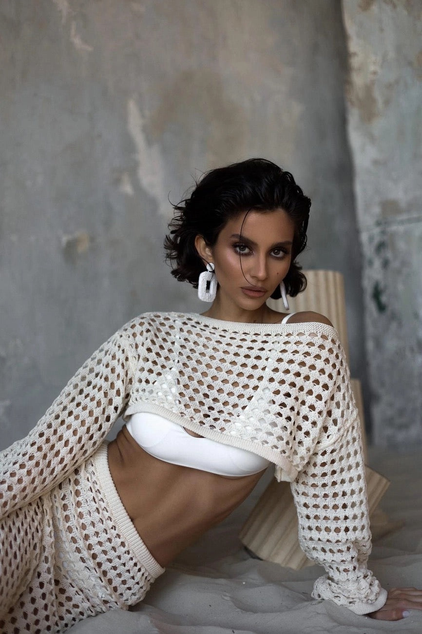 Aria | Open-Weave Knit Skirt & Crop Top Set