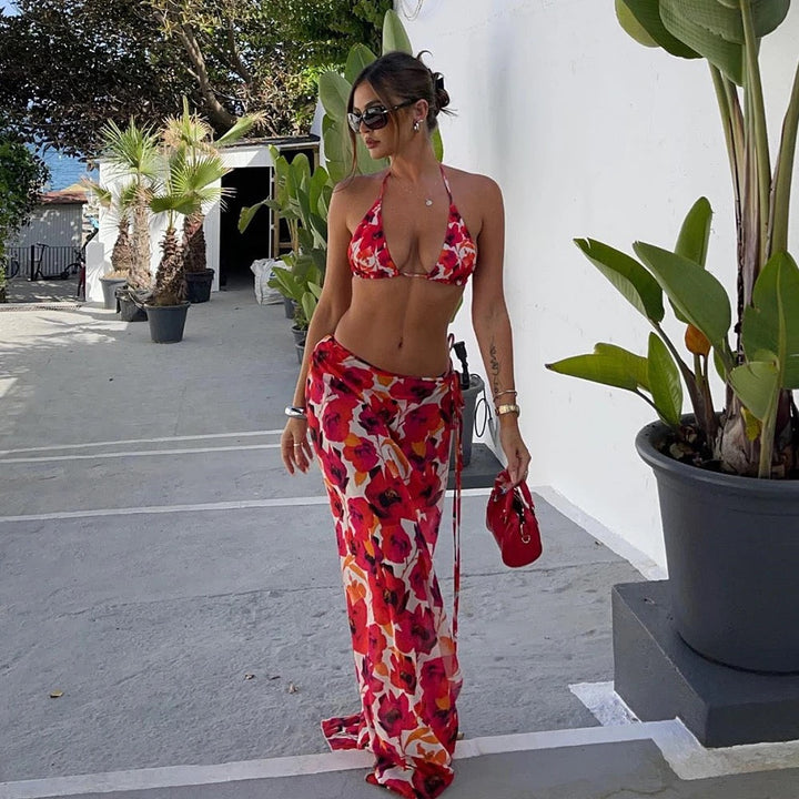 Valencia | Red Floral Bikini & Sarong Set