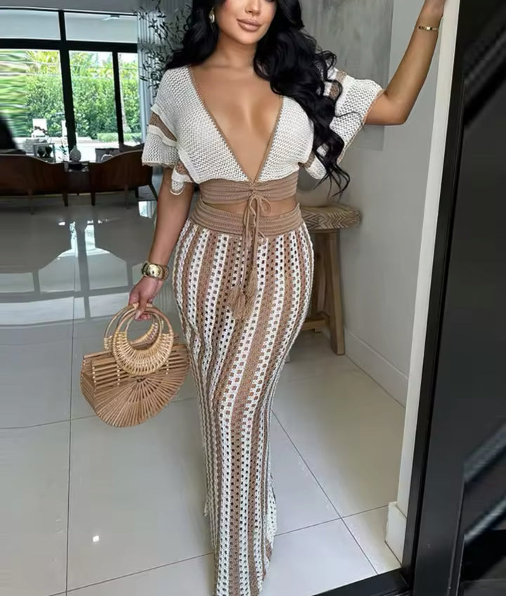 Maricela | Crochet Stripe Lace-Up Maxi Skirt Set