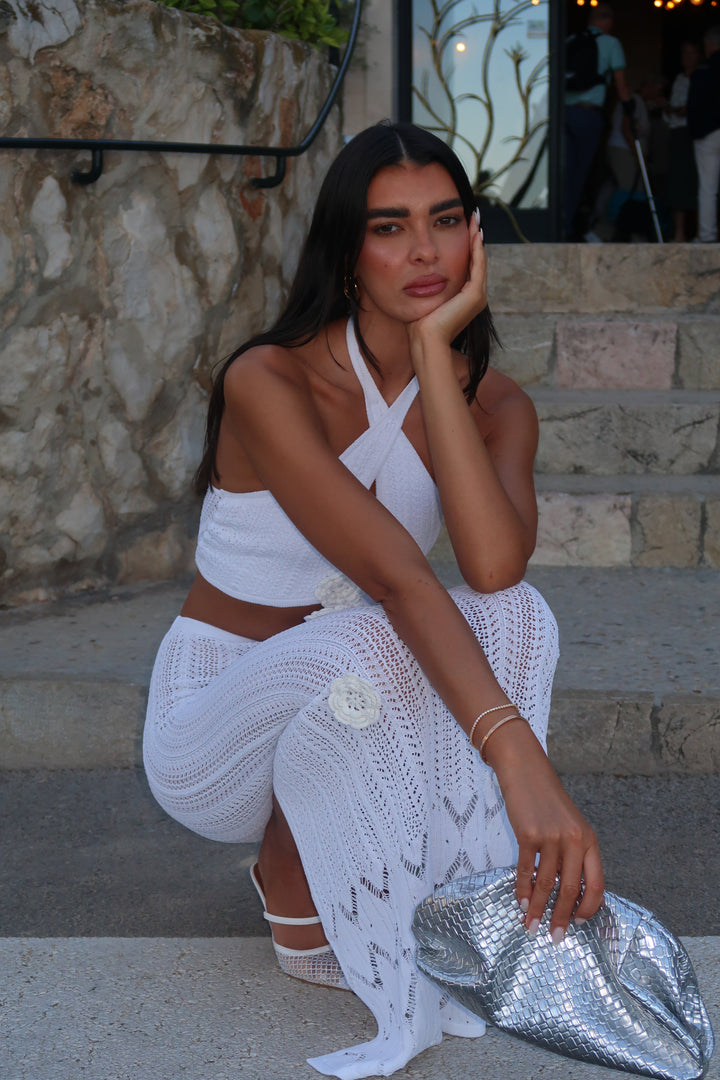 Gardenia | White Crochet Halter Set with Floral Appliqué
