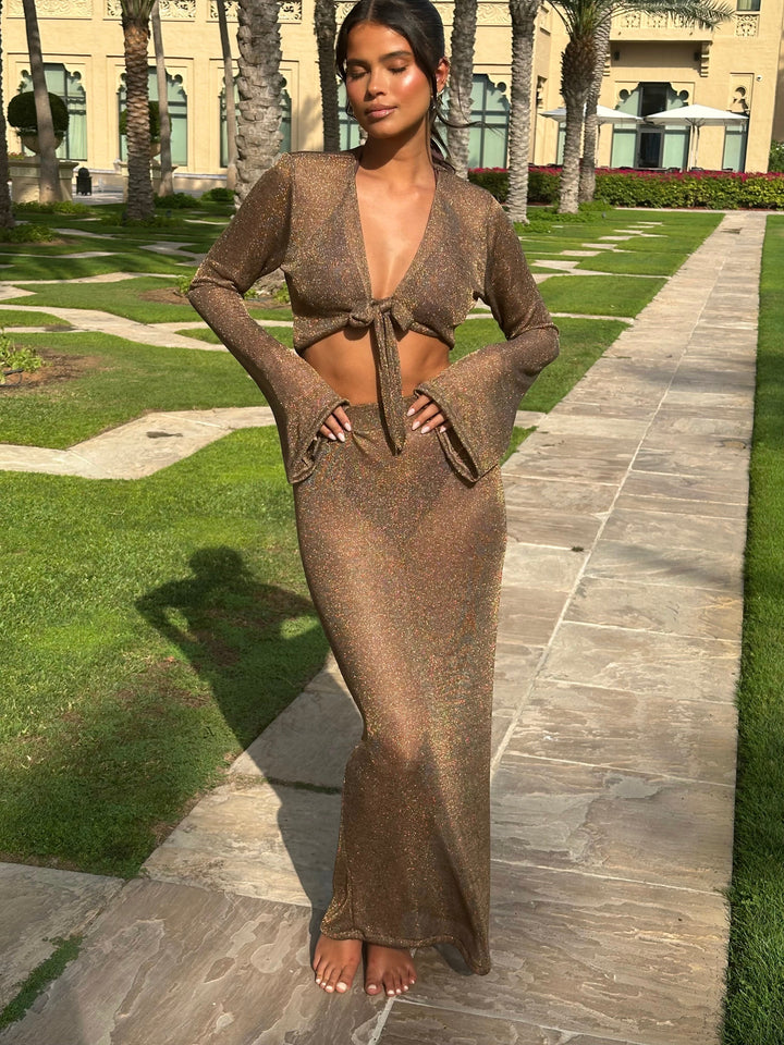 Solara | Gold & White Tie-Front Skirt Set