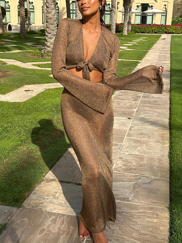 Solara | Gold & White Tie-Front Skirt Set