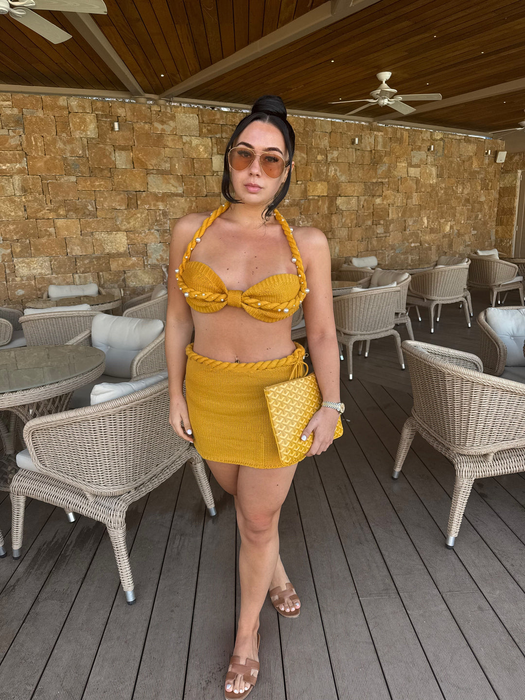 Elara | Pearl-Trimmed Knit Mini Skirt Set