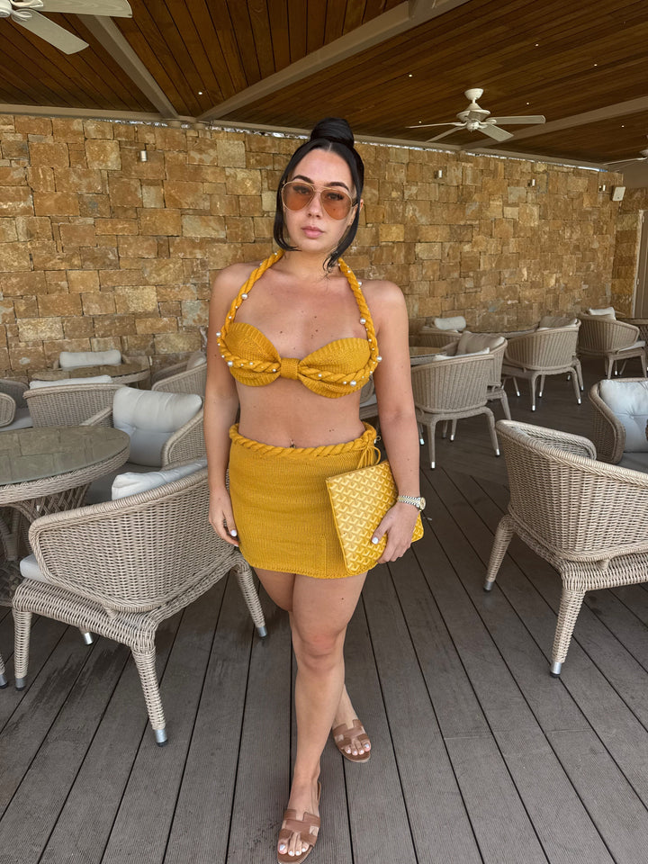 Elara | Pearl-Trimmed Knit Mini Skirt Set