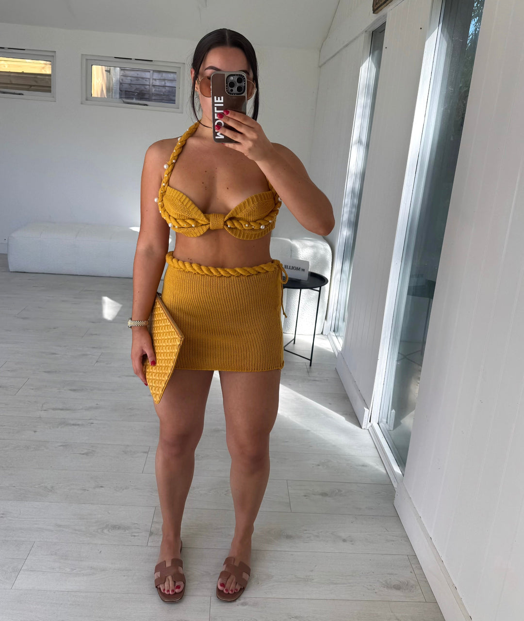 Elara | Pearl-Trimmed Knit Mini Skirt Set