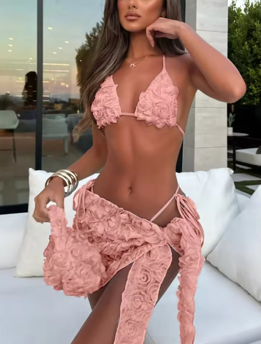 Elara | Floral Chiffon 3-Piece Bikini & Sarong Set