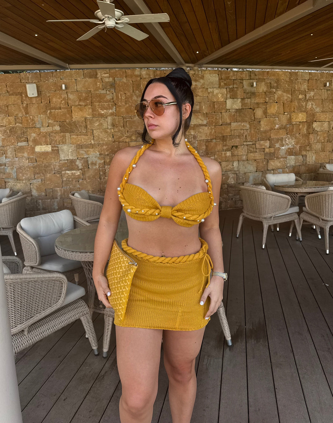 Elara | Pearl-Trimmed Knit Mini Skirt Set