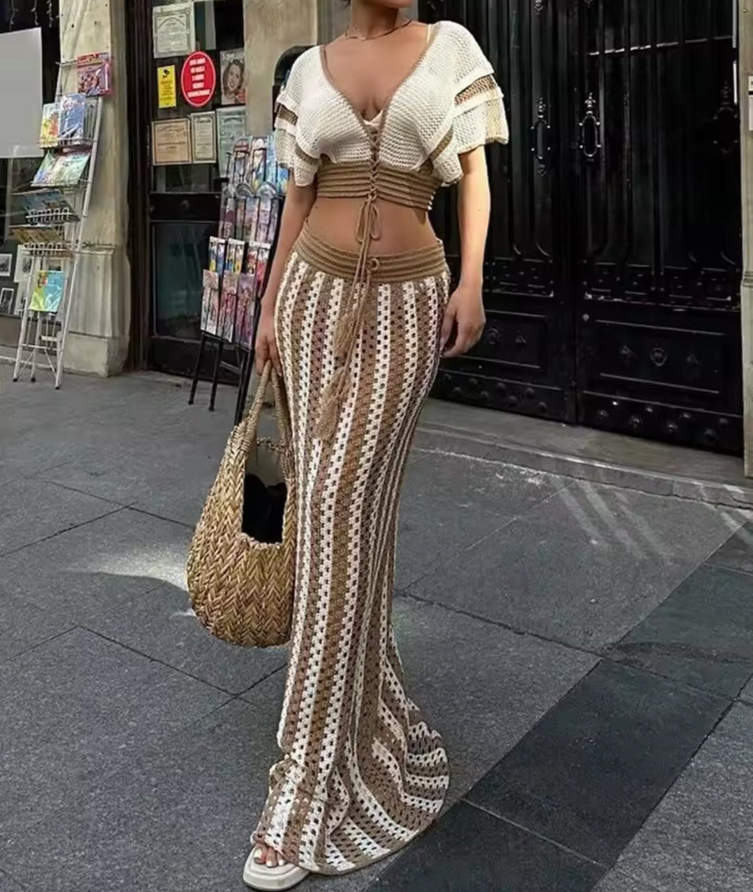Maricela | Crochet Stripe Lace-Up Maxi Skirt Set