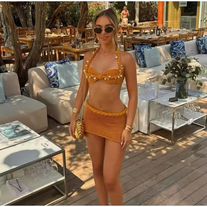 Elara | Pearl-Trimmed Knit Mini Skirt Set