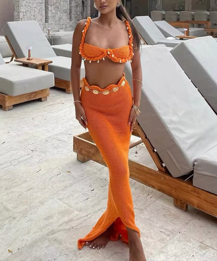 Carmela | Orange Knit Maxi Skirt & Bra Top Set