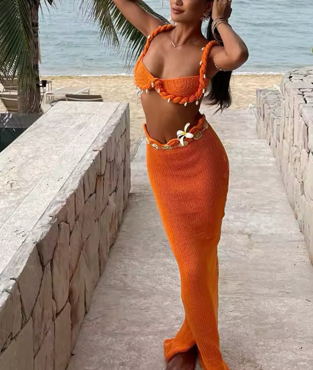 Carmela | Orange Knit Maxi Skirt & Bra Top Set