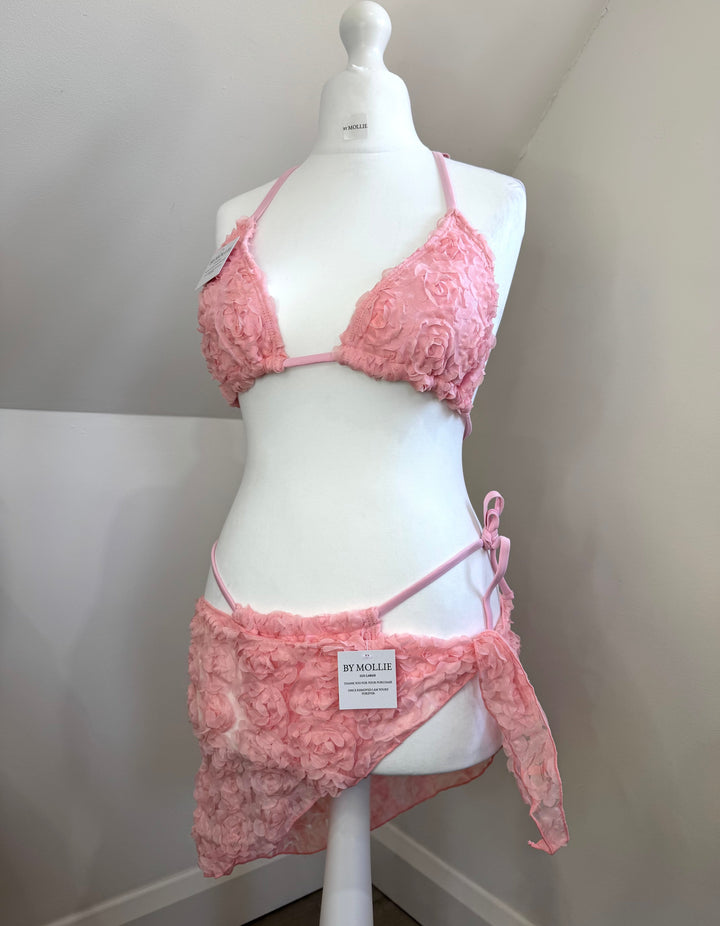 Elara | Floral Chiffon 3-Piece Bikini & Sarong Set