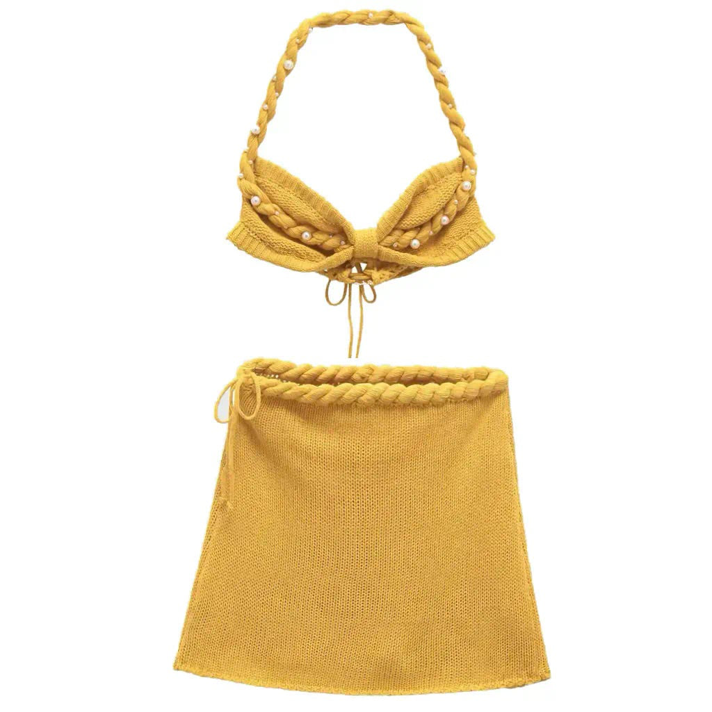 Elara | Pearl-Trimmed Knit Mini Skirt Set