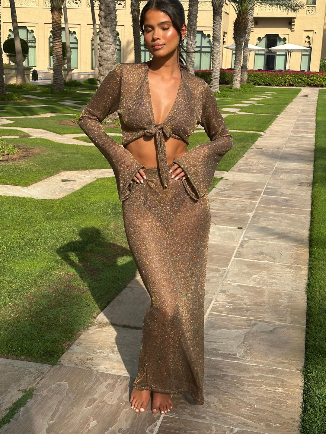 Solara | Gold & White Tie-Front Skirt Set