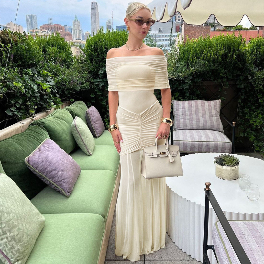 Michaela | Maternity Off-Shoulder Pleated Mesh Maxi Dress