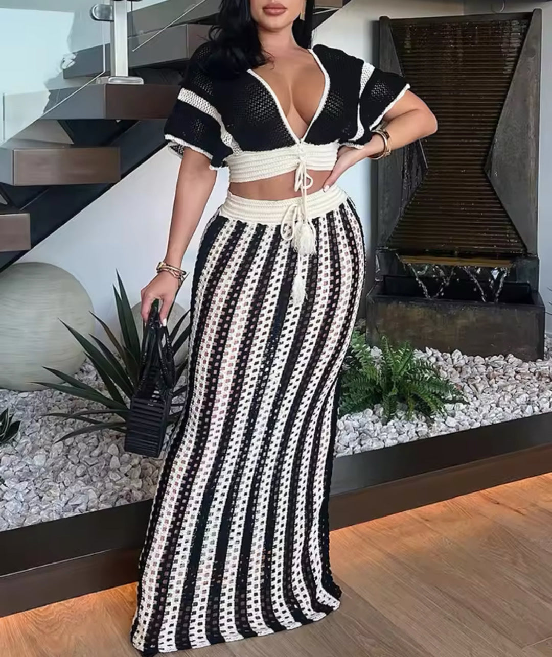 Maricela | Crochet Stripe Lace-Up Maxi Skirt Set