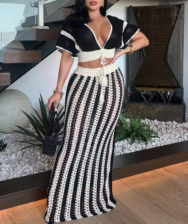 Maricela | Crochet Stripe Lace-Up Maxi Skirt Set