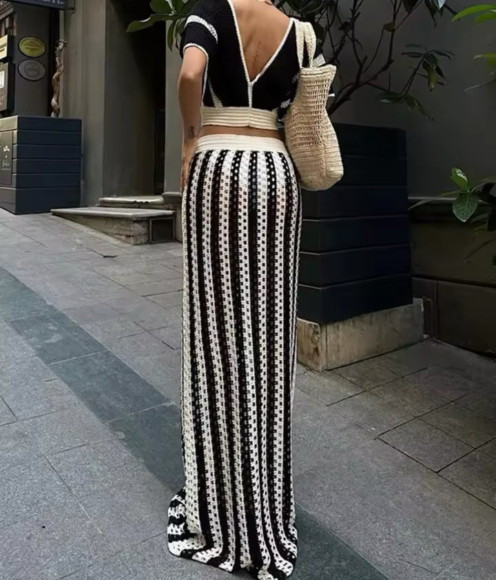 Maricela | Crochet Stripe Lace-Up Maxi Skirt Set