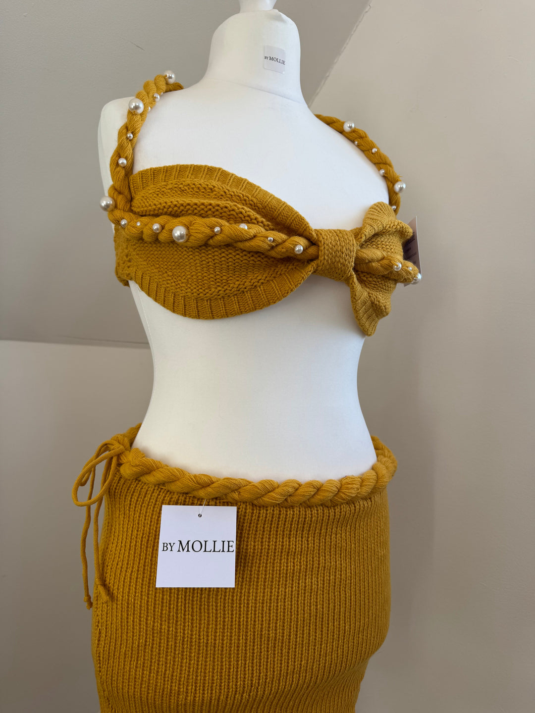 Elara | Pearl-Trimmed Knit Mini Skirt Set