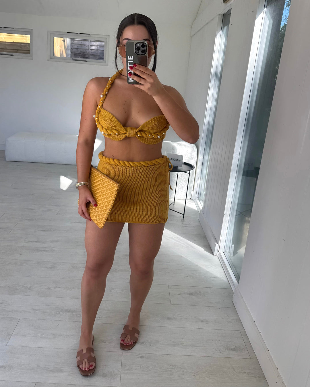 Elara | Pearl-Trimmed Knit Mini Skirt Set