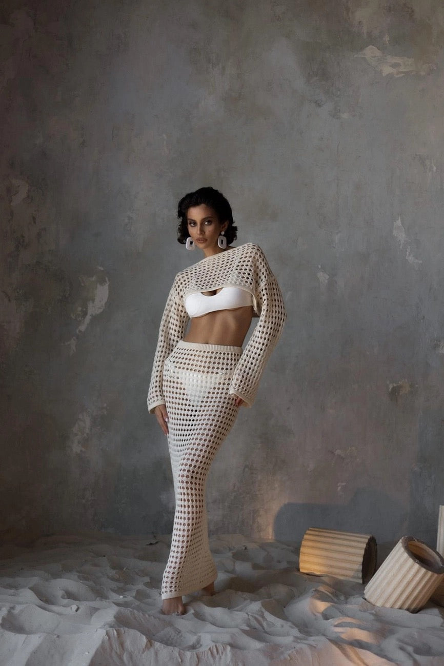 Aria | Open-Weave Knit Skirt & Crop Top Set