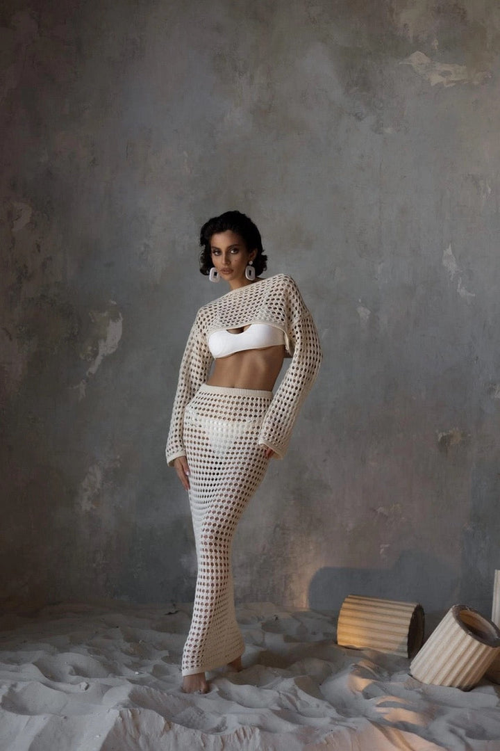 Aria | Open-Weave Knit Skirt & Crop Top Set
