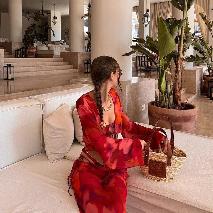 Ruby | Floral Sheer Tie-Front Skirt Set