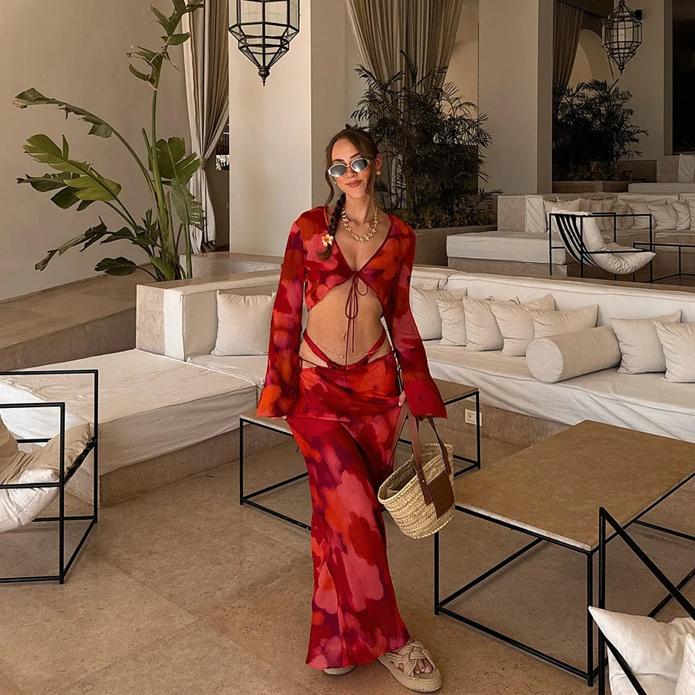 Ruby | Floral Sheer Tie-Front Skirt Set